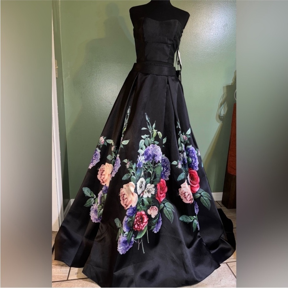 Terani Couture Strapless Black Dress with Floral Design - Picture 2 of 5